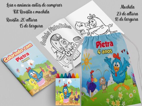 kit Mochilinha e Revista de colorir lembrancinhas da Galinha Pint