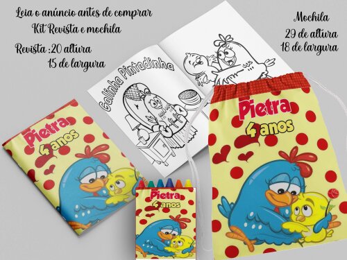 kit Mochilinha e Revista de colorir lembrancinhas da Galinha Pint
