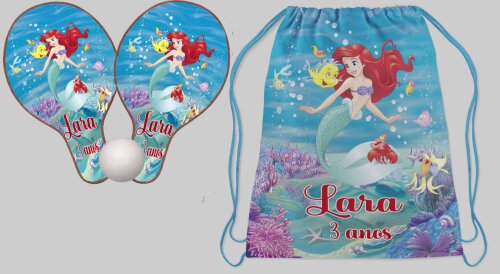 Kit Mochilinha e Raquete Ping Pingo lembrancinhas da Sereia Ariel