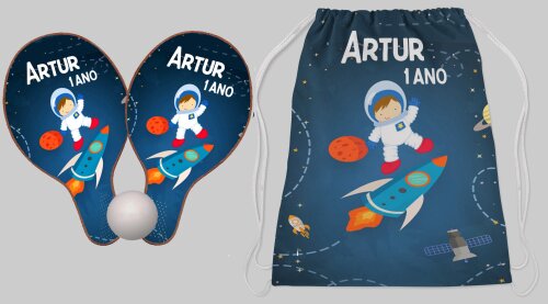 Kit mochilinha e Raquete lembrancinhas festa Astronauta