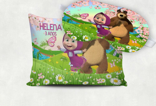 Kit Almofada e Mascara de Dormir para lembrancinhas da Marsha e o Urso