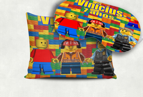 Kit Almofada e Mascara de Dormir personalizada Lembrancinhas Lego