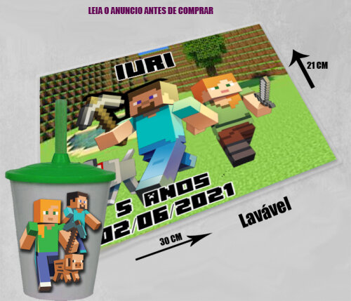 Kit Jogo Americano +copo twister personalizado para lembrancinhas do Minecraft