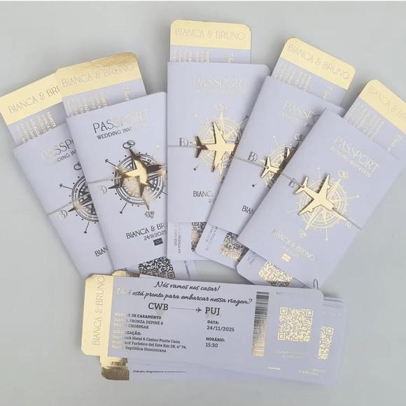 Convite Passaporte Luxo Metalizado Hotstamping - 40 Unidades