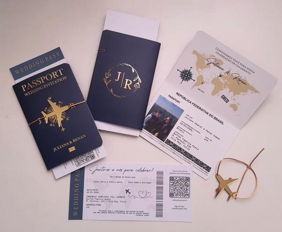 Convite Passaporte Luxo Metalizado Hotstamping - 40 Unidades