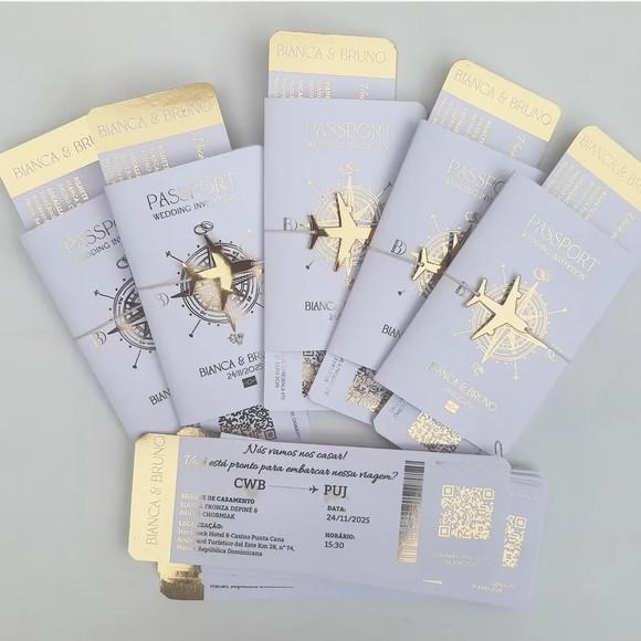 Convite Passaporte Luxo Metalizado Hotstamping - 50 Unidades
