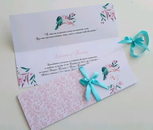 Convite de Casamento Carteira azul tifany e rosa