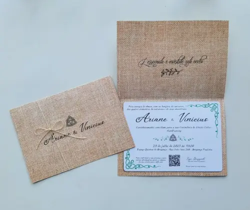 Convite de Casamento Rústico Cordão Algodão Cru