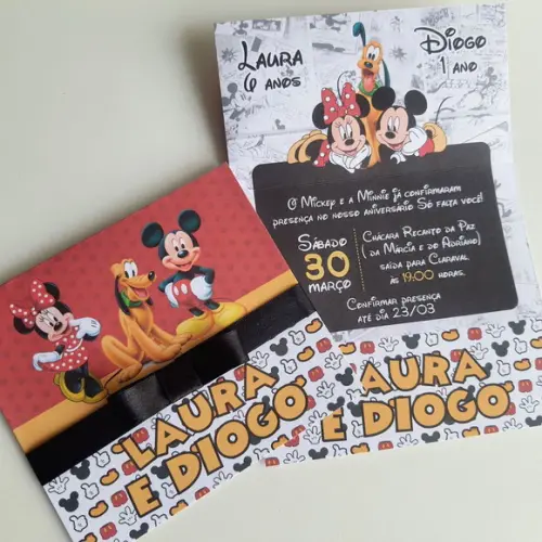 Convite Infantil Minnie, Mickey e Pluto