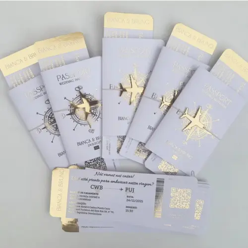 Convite Passaporte Luxo Metalizado Hotstamping - 40 Unidades