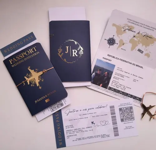 Convite Passaporte Luxo Metalizado Hotstamping - 40 Unidades