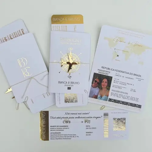 Convite Passaporte Luxo Metalizado Hotstamping - 40 Unidades