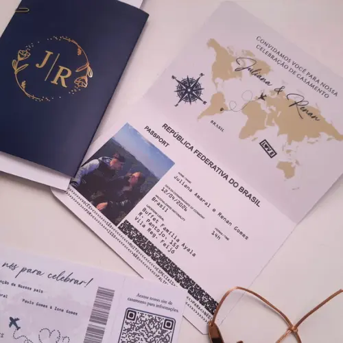 Convite Passaporte Luxo Metalizado Hotstamping - 40 Unidades