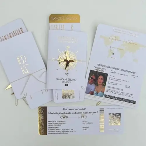 Convite Passaporte Luxo Metalizado Hotstamping - 50 Unidades