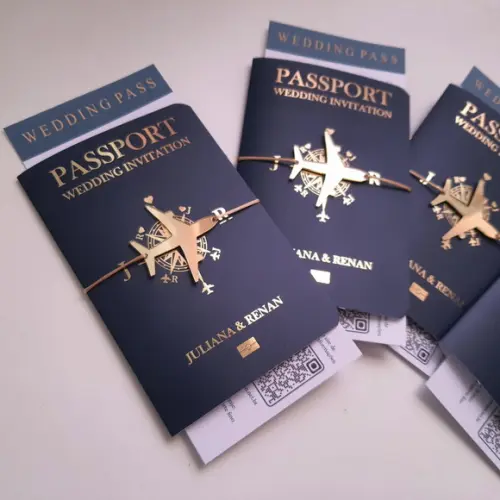 Convite Passaporte Luxo Metalizado Hotstamping - 40 Unidades
