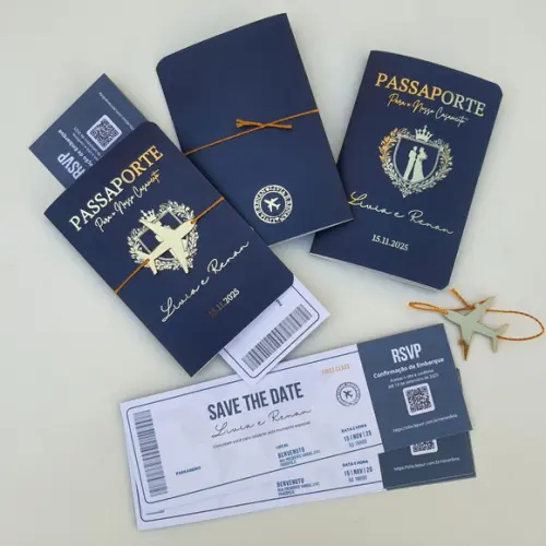 Convite Passaporte Luxo Metalizado Hotstamping- 50 Unidades