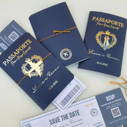 Convite Passaporte Luxo Metalizado Hotstamping- 50 Unidades