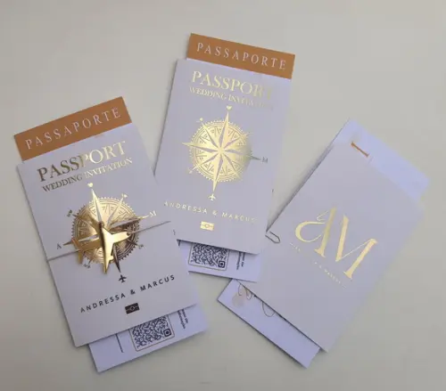 Convite Passaporte Luxo Metalizado Hotstamping- 50 Unidades