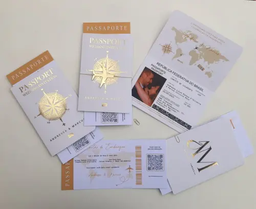 Convite Passaporte Luxo Metalizado Hotstamping- 50 Unidades