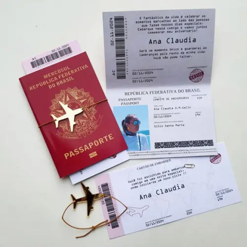 Convite Passaporte Premium com Tag de Acrílico Espelhado