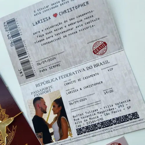 Convite Passaporte Premium com Tag de Acrílico Espelhado