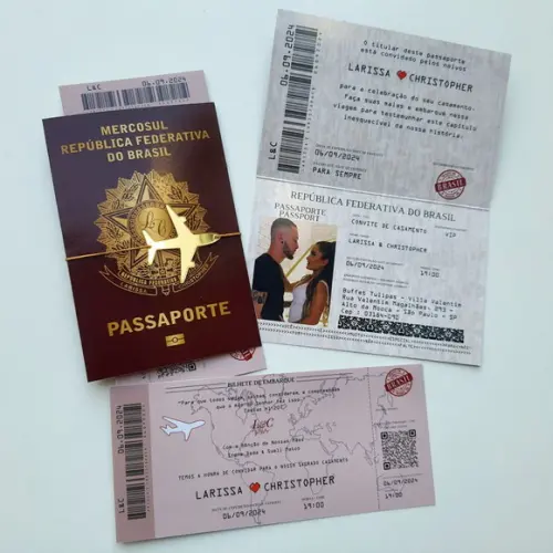 Convite Passaporte Premium com Tag de Acrílico Espelhado