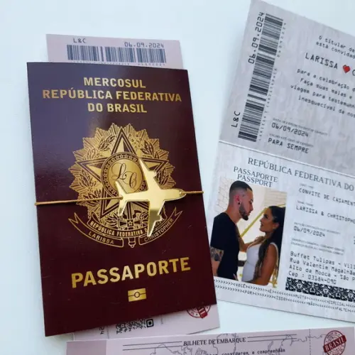 Convite Passaporte Premium com Tag de Acrílico Espelhado