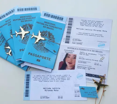 Passaporte Convite Aniversário com Acrilico Espelhado