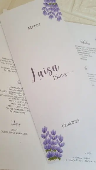 Menu Cardápio 15 Anos Perolado Lavanda