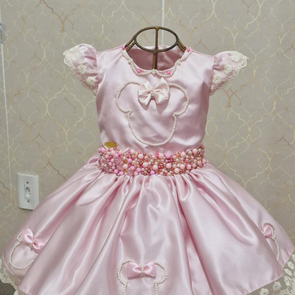 Vestido Minnie Rosa e Perolas