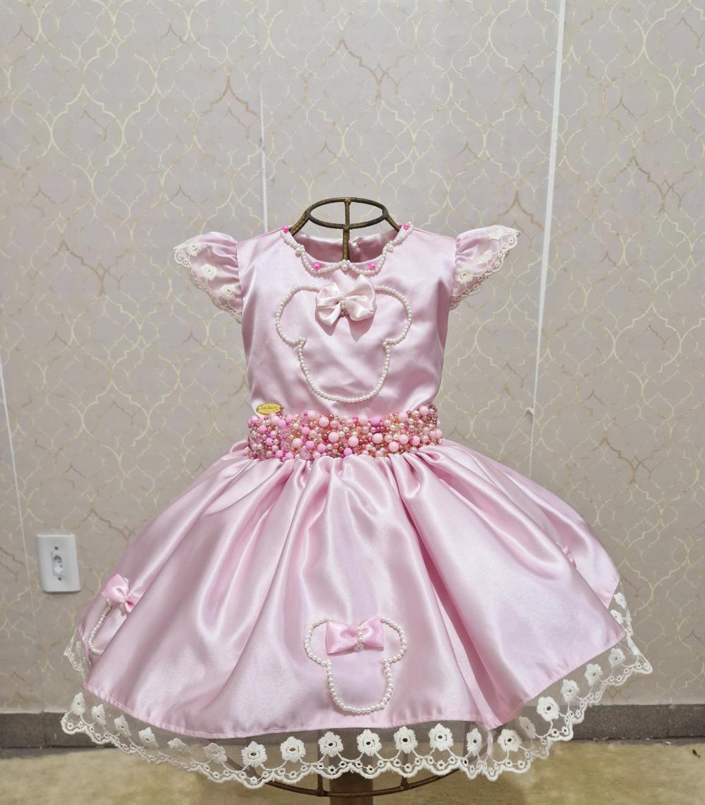 Vestido Minnie Rosa e Perolas