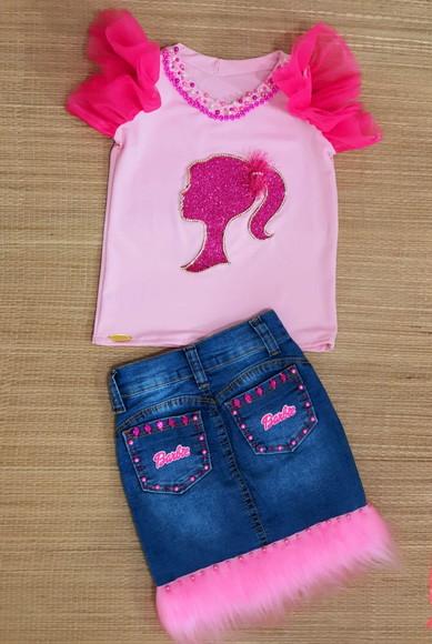 Conjunto Barbie Saia Jeans Mais Blusa