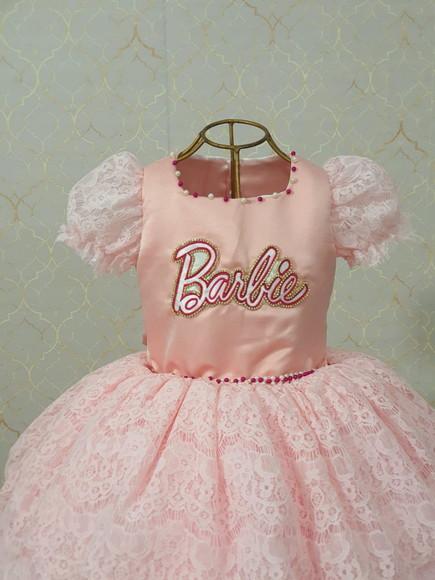 Vestido Barbie Renda Luxo rosa bebe