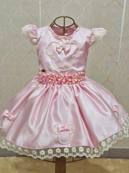Vestido Minnie Rosa e Perolas