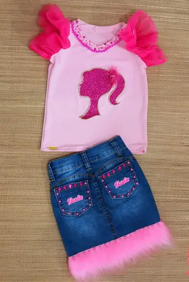 Conjunto Barbie Saia Jeans Mais Blusa