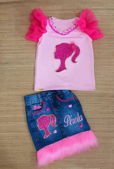 Conjunto Barbie Saia Jeans Mais Blusa