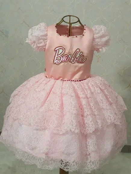 Vestido Barbie Renda Luxo rosa bebe