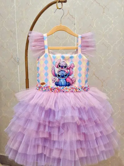Vestido l Stitch e Angel Colorido Luxo