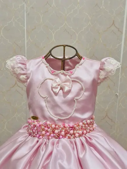 Vestido Minnie Rosa e Perolas