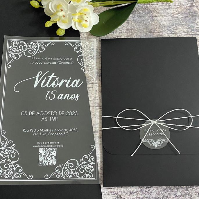 Convite 15 Anos Transparente Arabesco Envelope Preto
