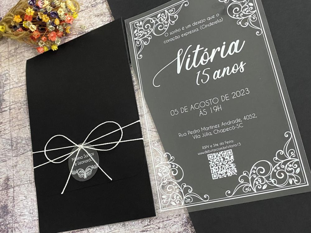 Convite 15 Anos Transparente Arabesco Envelope Preto