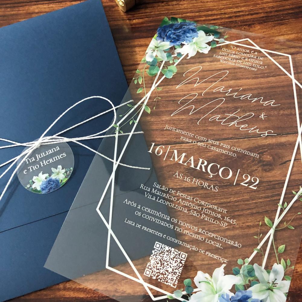 Convite Transparente Hortênsias e Envelope Azul Marinho