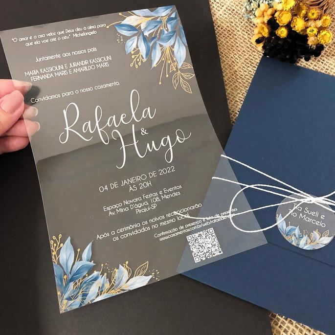 Convite Transparente Folhagens e Envelope Azul