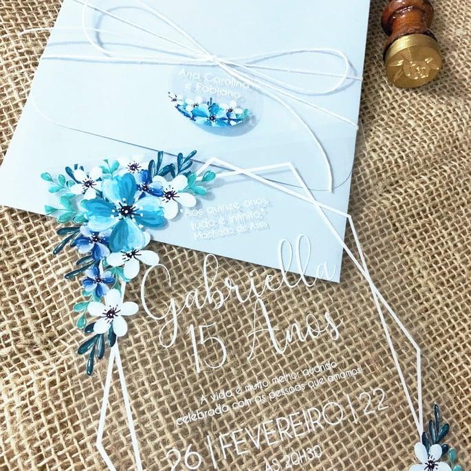 Convite Transparente Flor Azul 15 Anos