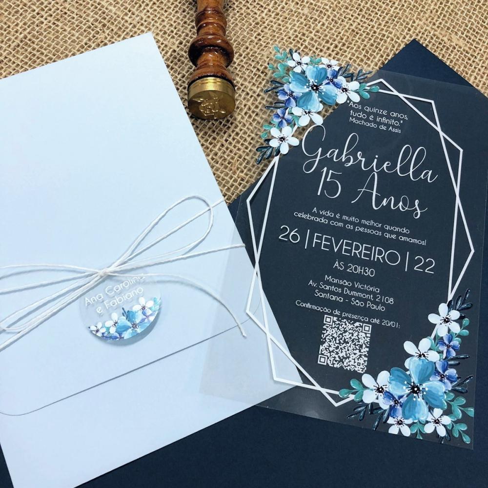 Convite Transparente Flor Azul 15 Anos