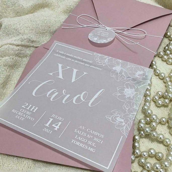 Convite 15 Anos Rosé com Vegetal em Branco