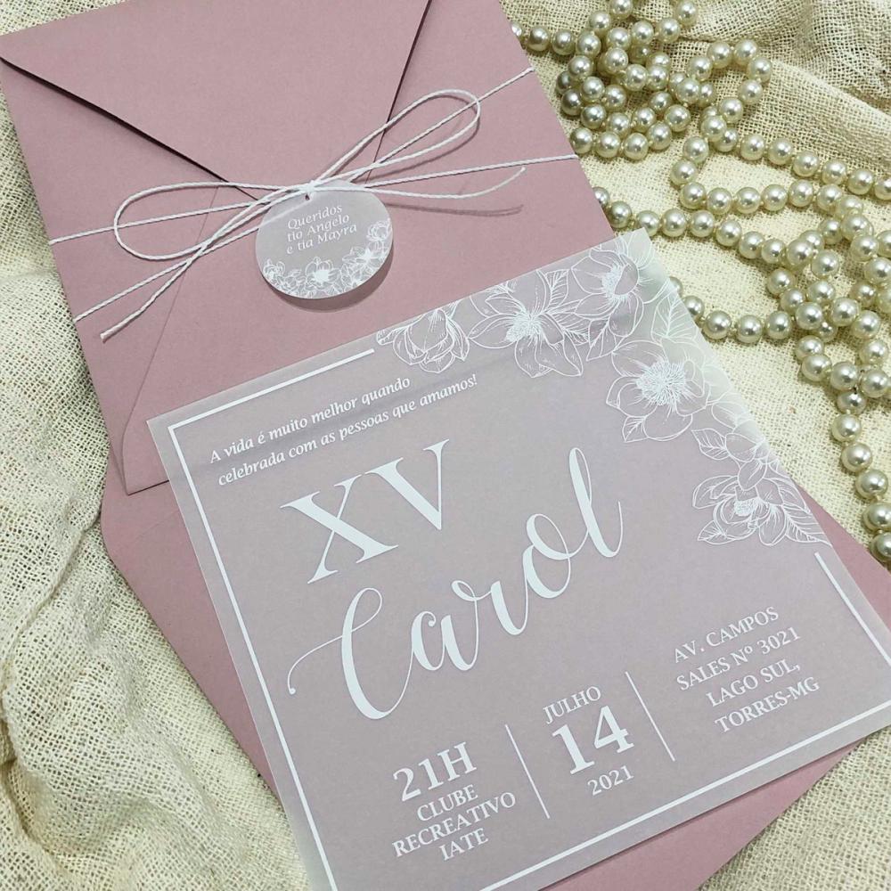 Convite 15 Anos Rosé com Vegetal em Branco