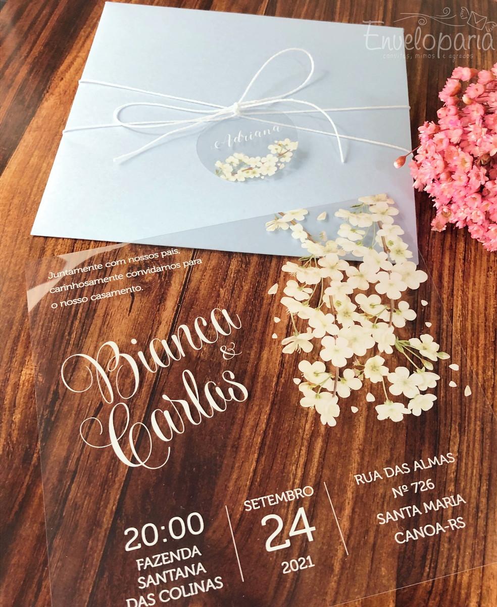 Convite Transparente Cerejeiras Envelope Azul Serenity