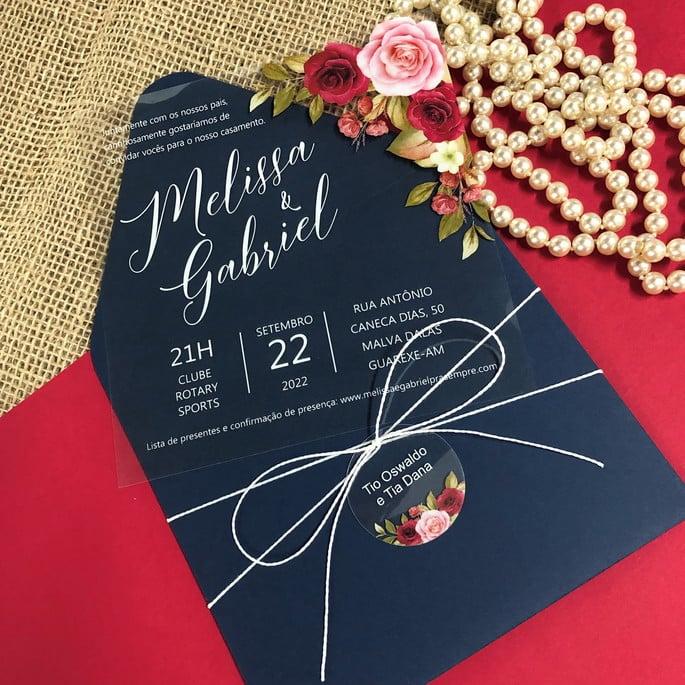 Convite Casamento Transparente Floral e Envelope Azul