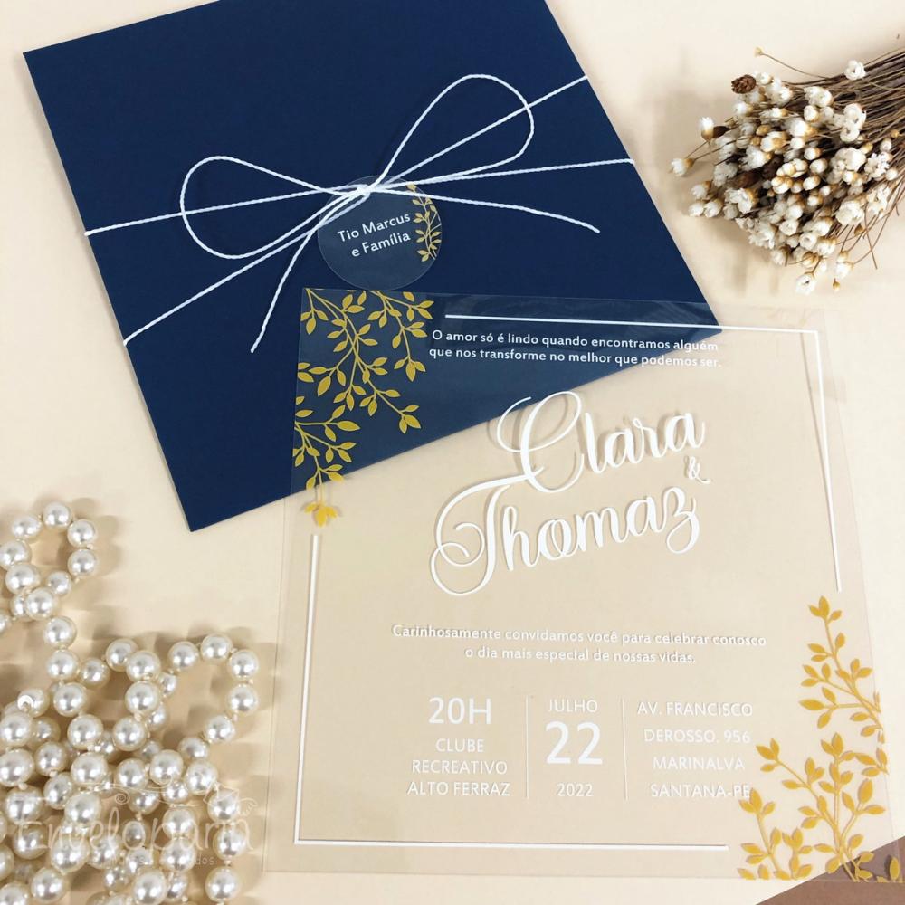 Convite Transparente Branco, Dourado e Azul - Golden Night